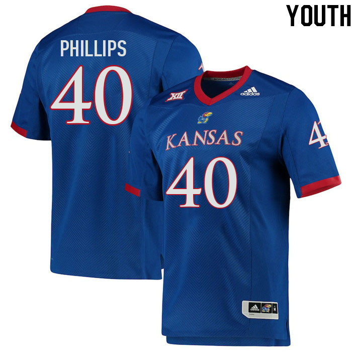 Youth #40 Devin Phillips Kansas Jayhawks College Football Jerseys Stitched Sale-Royal - Click Image to Close